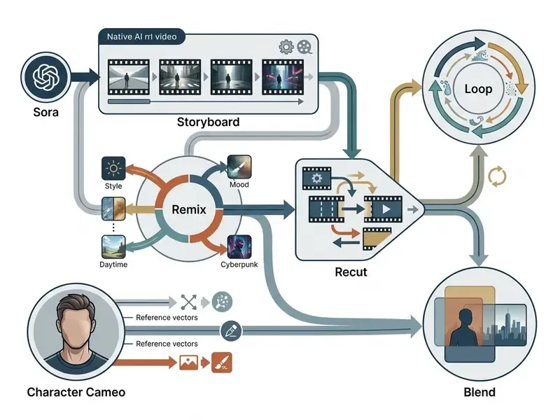 Diagram showing Sora video generation modules including storyboard, remix, recut, loop, and blend functions