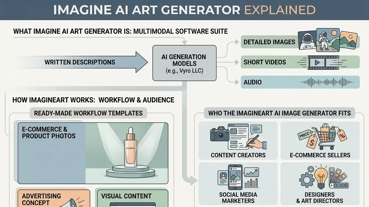 Flowchart showing how Imagine AI Art Generator converts text into images, videos, and audio content