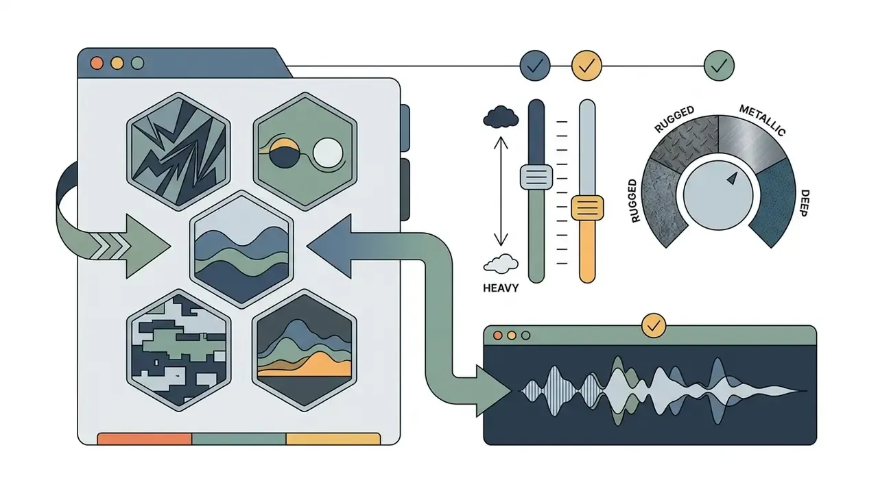 Hexagonal voice style icons connected to sliders and a circular timbre dial outputting an audio waveform