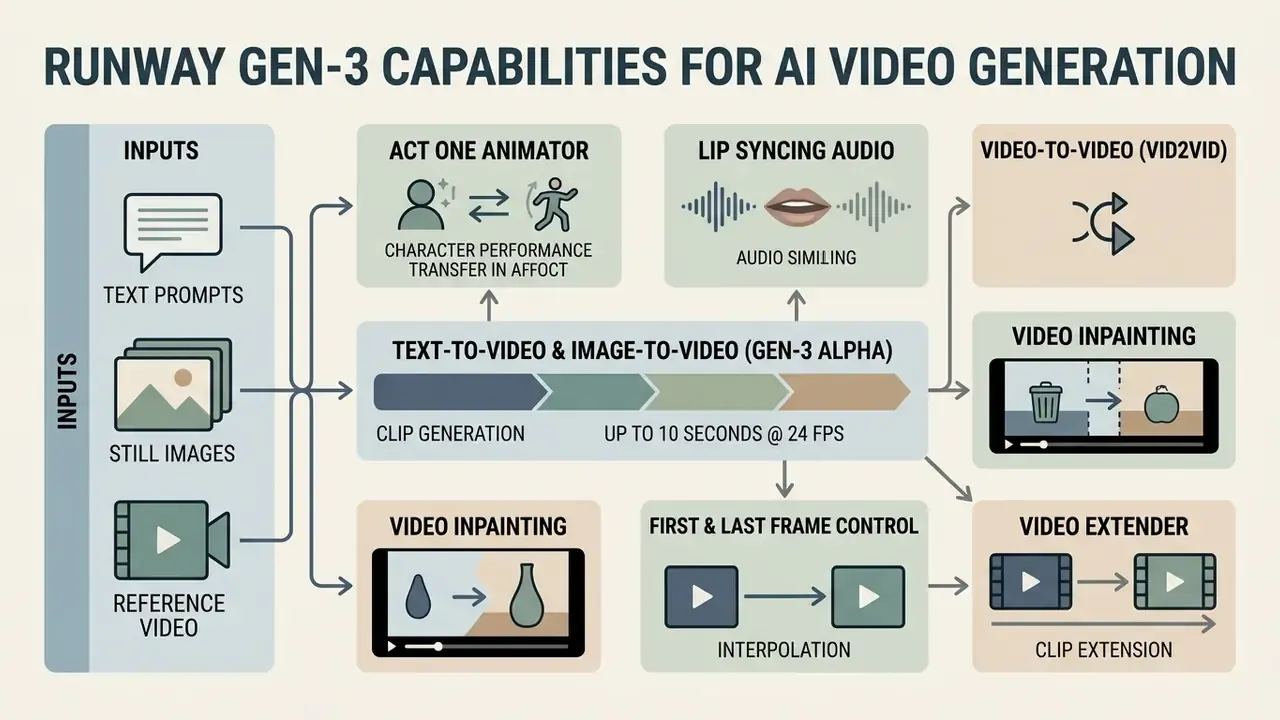 Infographic showing inputs and specialized generation modes for Runway Gen-3 AI video generation
