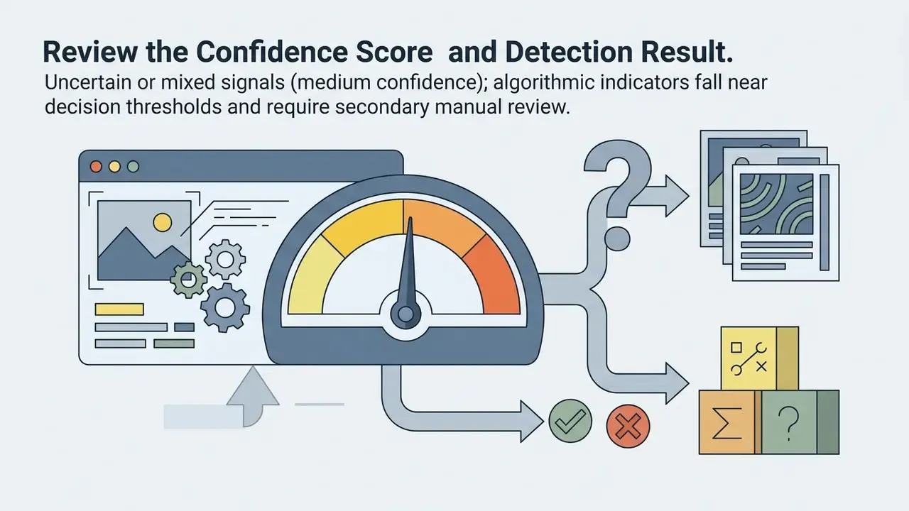 Gauge pointing to a middle threshold with arrows leading to question marks and document review icons
