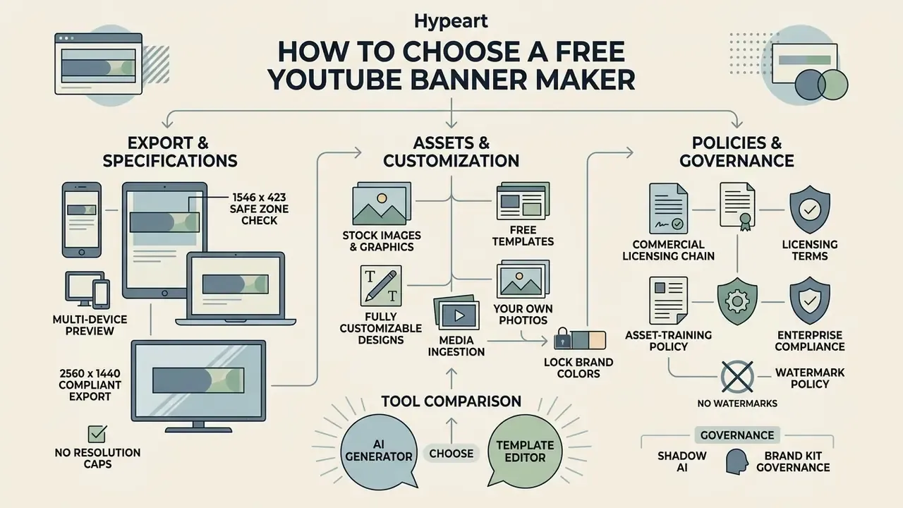Infographic detailing criteria for selecting a YouTube banner maker including technical specs and policies