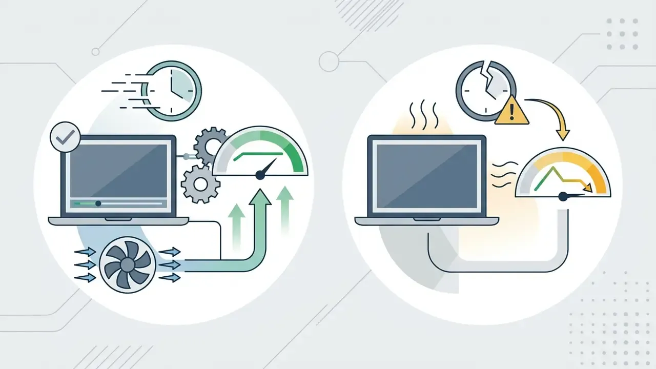 Two laptops showing active cooling with a fan versus passive cooling with thermal throttling