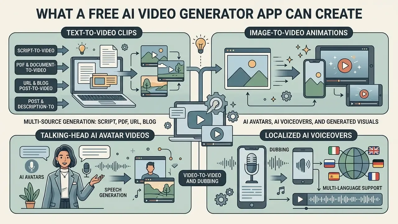 Infographic showing how a free AI video generator app creates clips, animations, avatars, and voiceovers