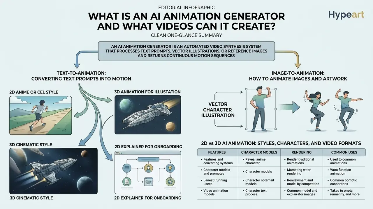 Infographic flowchart explaining how an AI animation generator converts text and images into motion