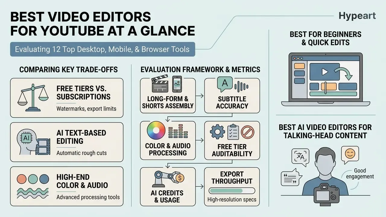 Infographic detailing evaluation metrics and trade-offs for selecting apps to edit YouTube videos