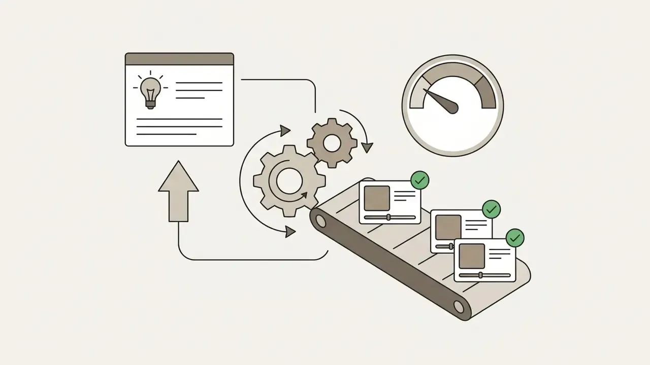 Conceptual idea window feeding into a gear mechanism and a conveyor belt producing verified video clips