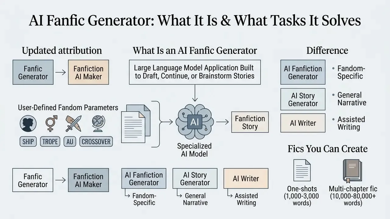 Diagram explaining how an AI fanfic generator processes user parameters to create custom stories