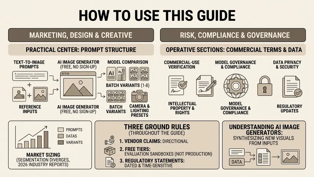 Infographic outlining guide navigation for creative and compliance roles using an AI image generator