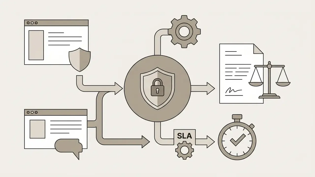 Digital assets flowing through a central security hub to legal documentation and SLA tracking processes