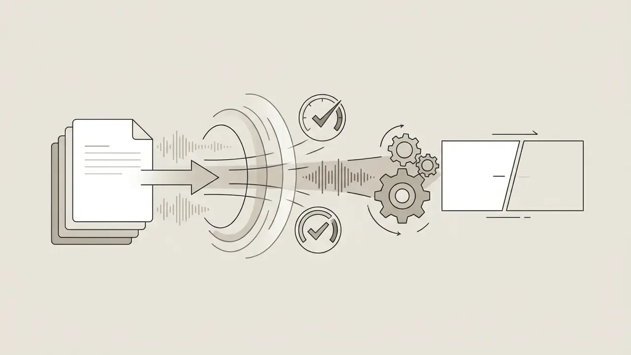 Documents moving through a sound wave process with gears and checkmarks toward a video transition frame