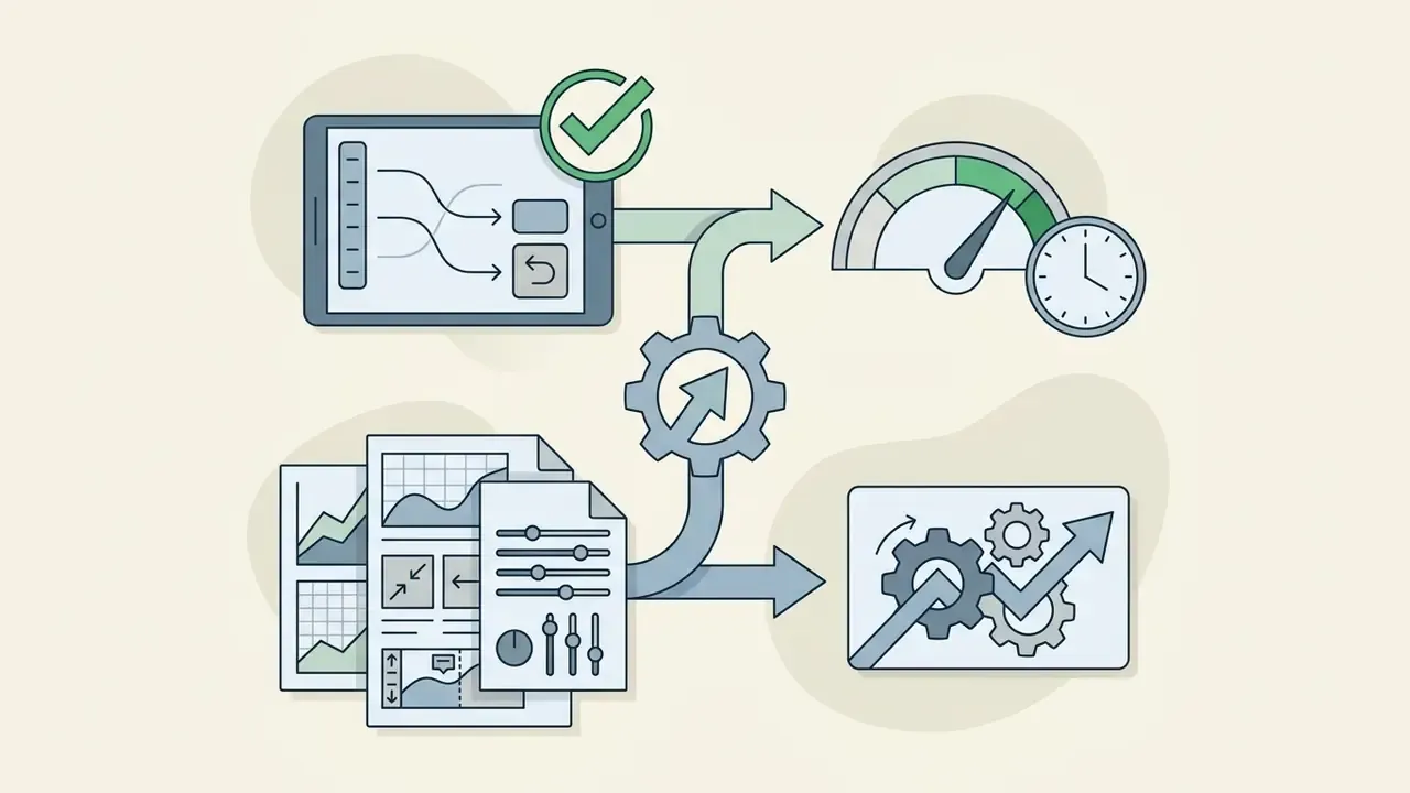 Tablet and document icons connected by gears to a speed gauge and a growth chart representing workflow