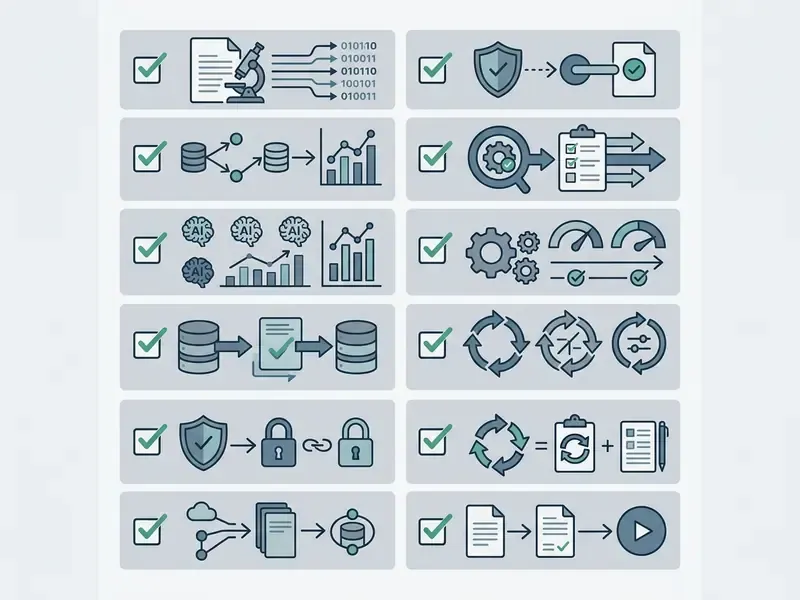 Twelve graphical icons illustrating technical steps for a comprehensive Review Proof report checklist