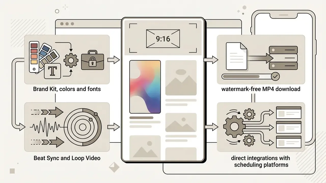 Workflow graphic showing brand kits, beat sync, file exports, and scheduling for a reel maker app