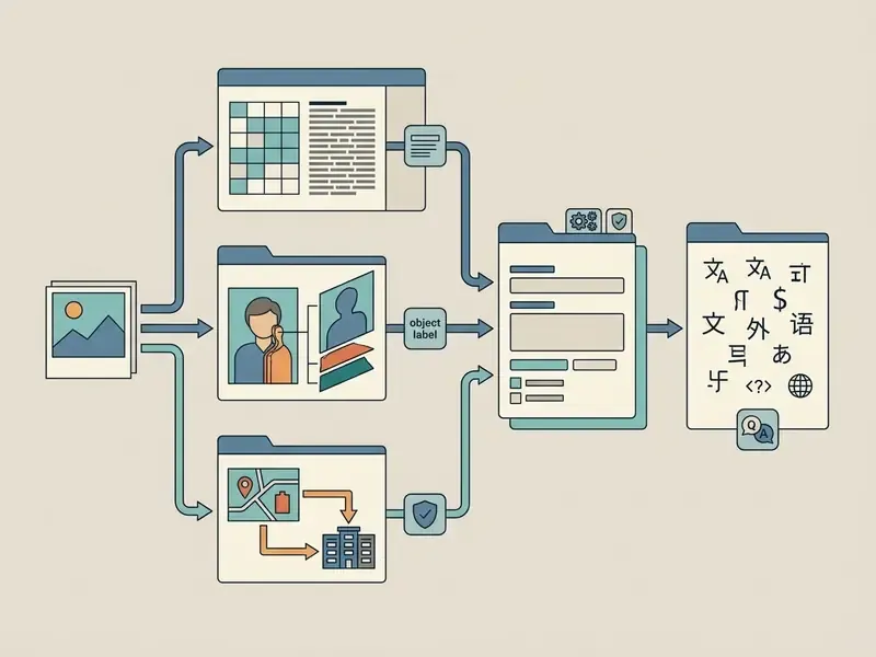 Flowchart showing image reader AI processing visual inputs into multilingual text and question answering