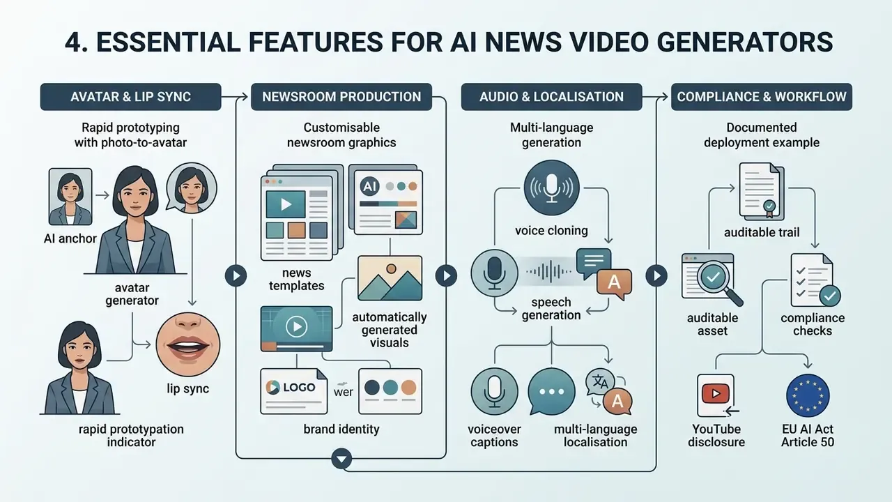 Infographic detailing four core technical pillars for AI news video generation workflows