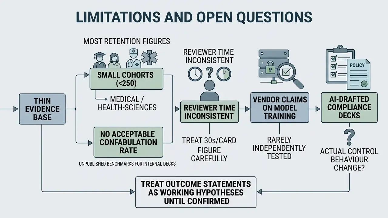 Flowchart outlining research gaps regarding small study cohorts, review times, and vendor training claims