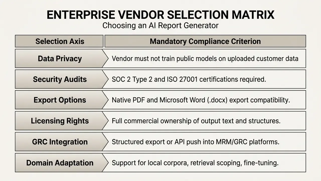 List of enterprise compliance criteria for software selection including data privacy, security, and exports
