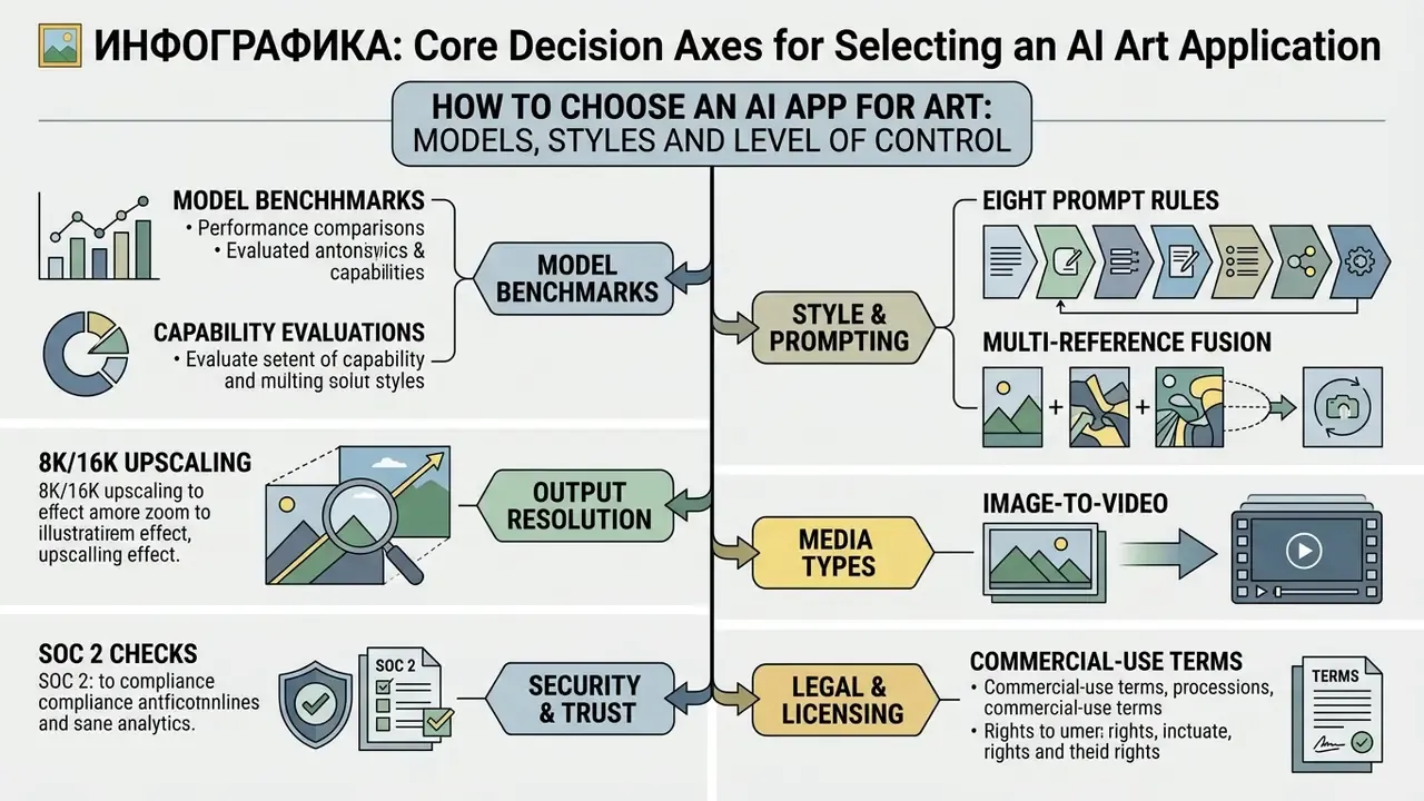 Diagram categorizing six technical and legal evaluation criteria for generative creative software