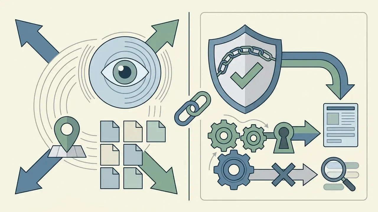 Eye icon and location marker contrasted with a shield, gears, and a document link icon