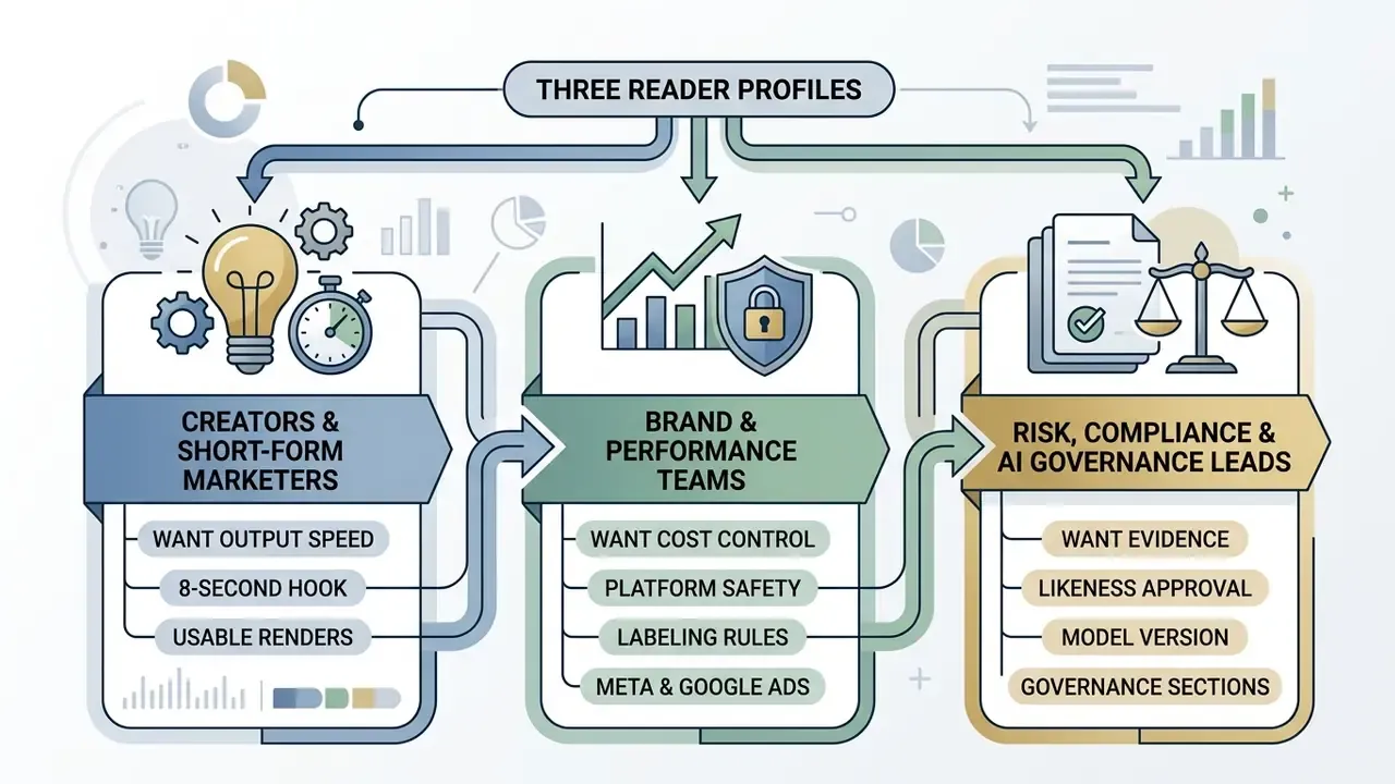 Infographic showing three reader profiles for AI video generation with their specific professional needs