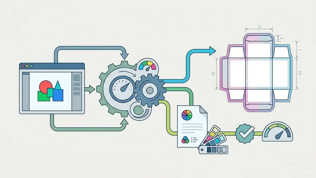Design software interface feeding into a gear system that outputs packaging templates and color palettes