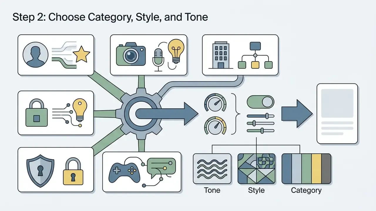 Icons representing account categories connected to a central gear mechanism that adjusts tone and style settings