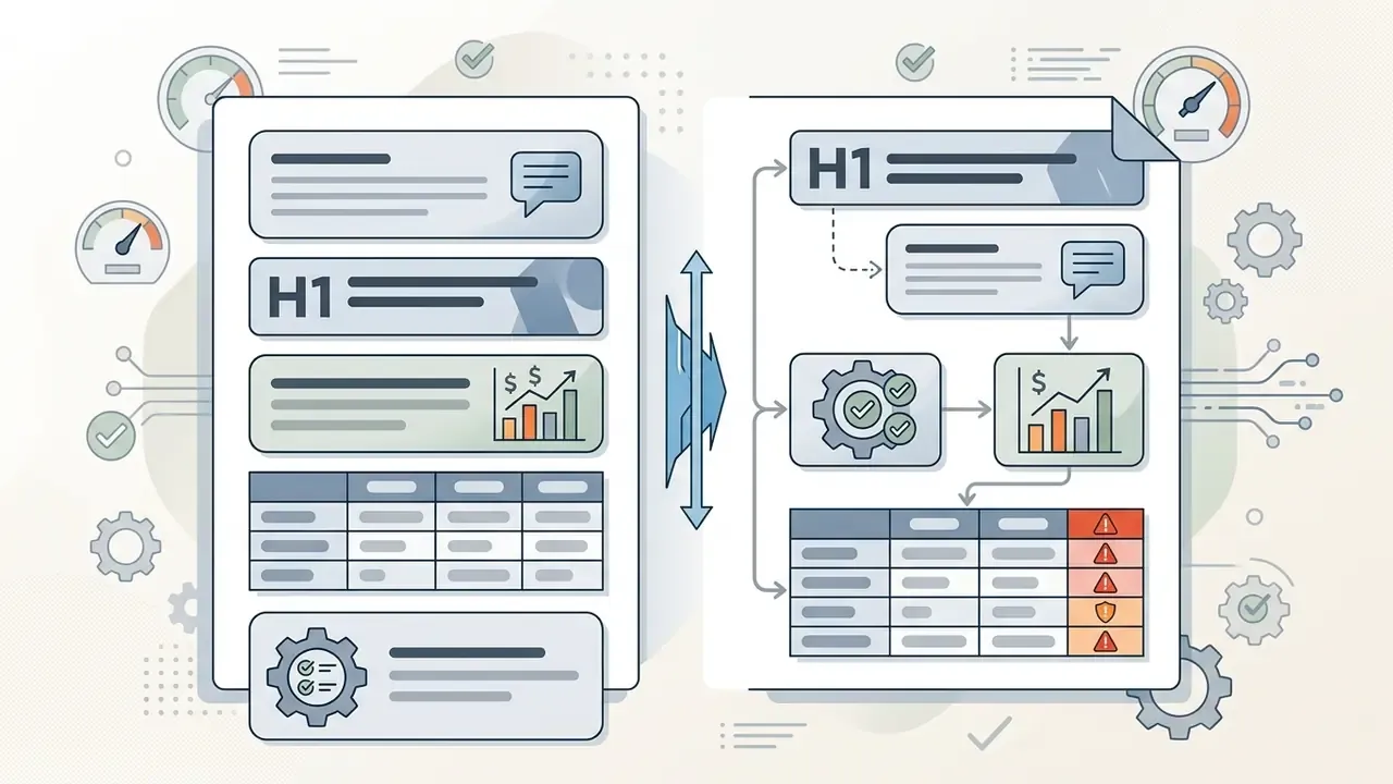 Two pages showing H1 headings, data tables, and gear icons with gauges and checkmarks in the background