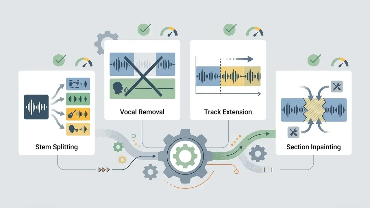 Four boxes showing audio processing tasks including stem splitting, vocal removal, track extension, and inpainting
