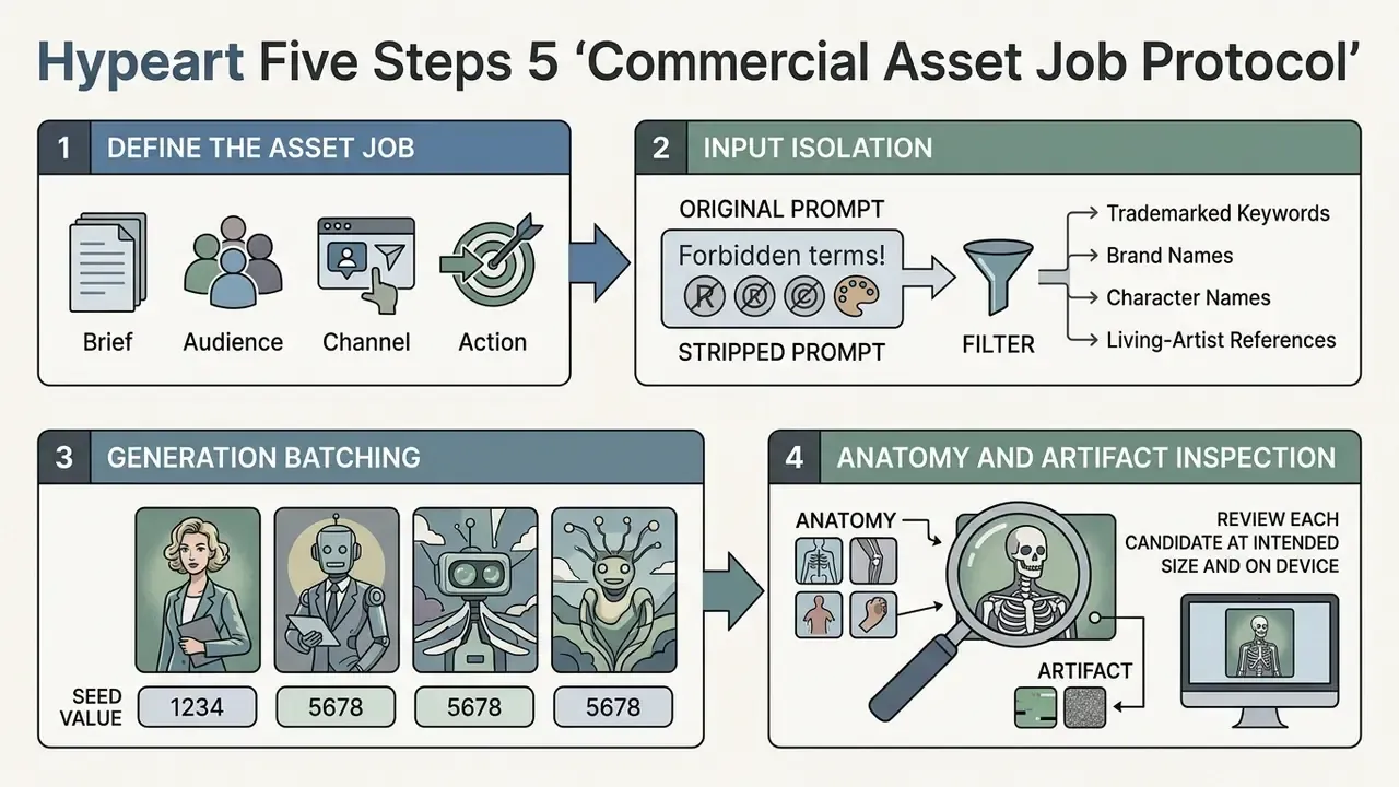 Four-step sequence for preparing AI assets including prompt filtering, batch generation, and inspection