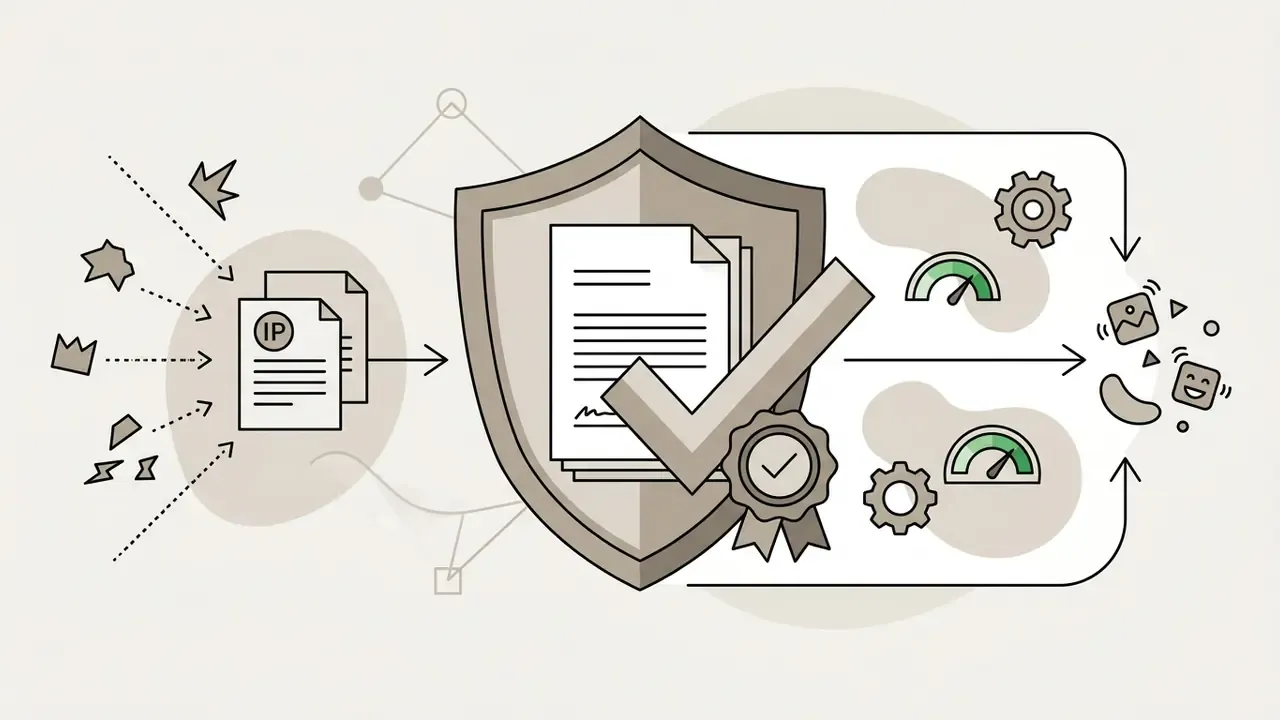 IP documents flowing into a shield icon with a checkmark and badge leading to animated media outputs