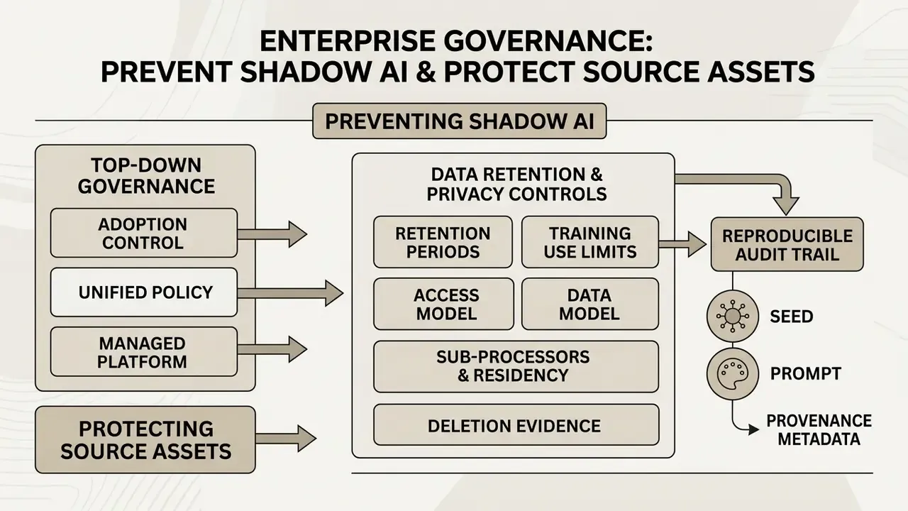 Flowchart showing governance controls for data retention, privacy, and audit trails in AI workflows