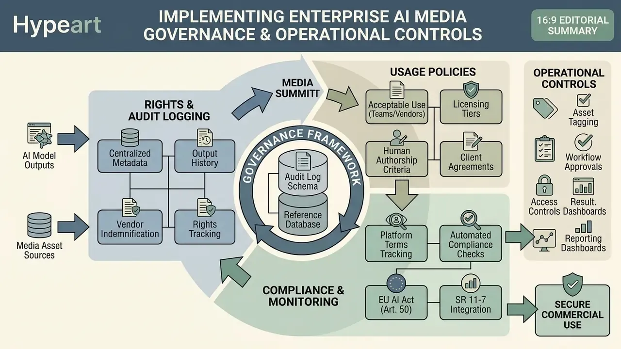 System architecture connecting audit logging, usage policies, and compliance monitoring for enterprise media