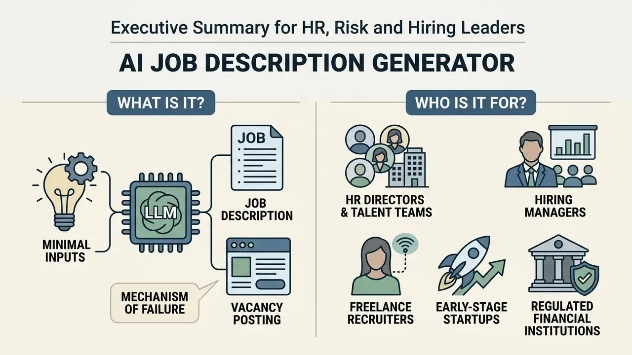 Infographic showing how an AI job description generator uses LLM technology to create hiring documents