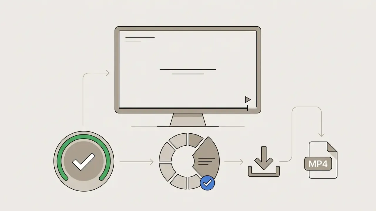Computer monitor previewing a video that proceeds to a rendering circle and MP4 file download icon