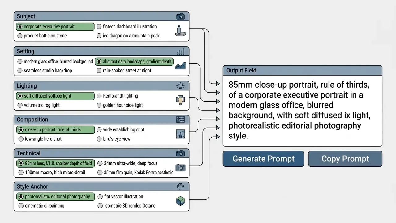 Interface with six category selectors linking selected options to a central text output field