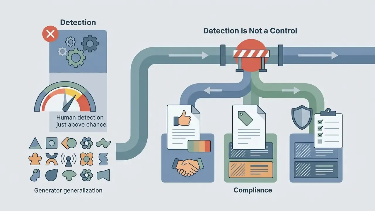 Pipeline showing how compliance measures replace detection for managing AI video face swap outputs