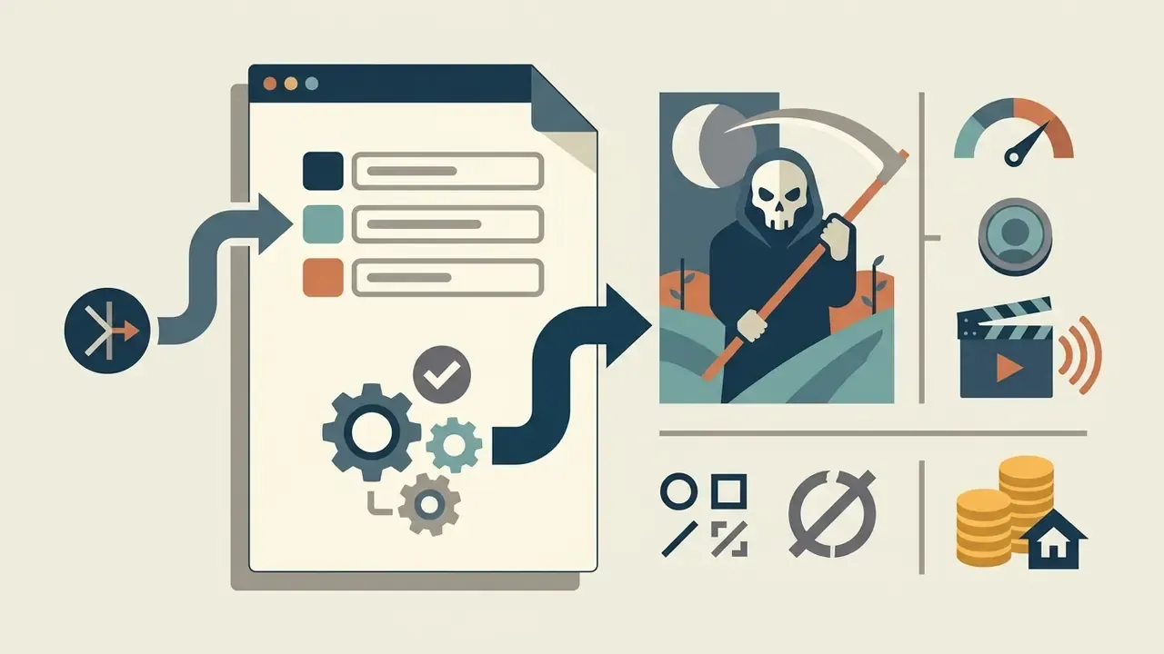 Bone-masked reaper graphic processed through a technical pipeline with status icons and output metrics