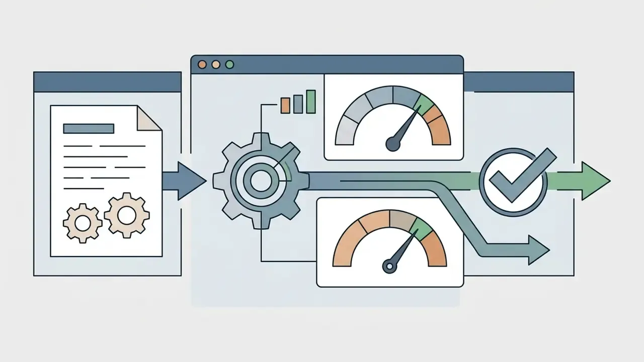 Document icon feeding into a central gear hub that processes data through gauges toward a final checkmark