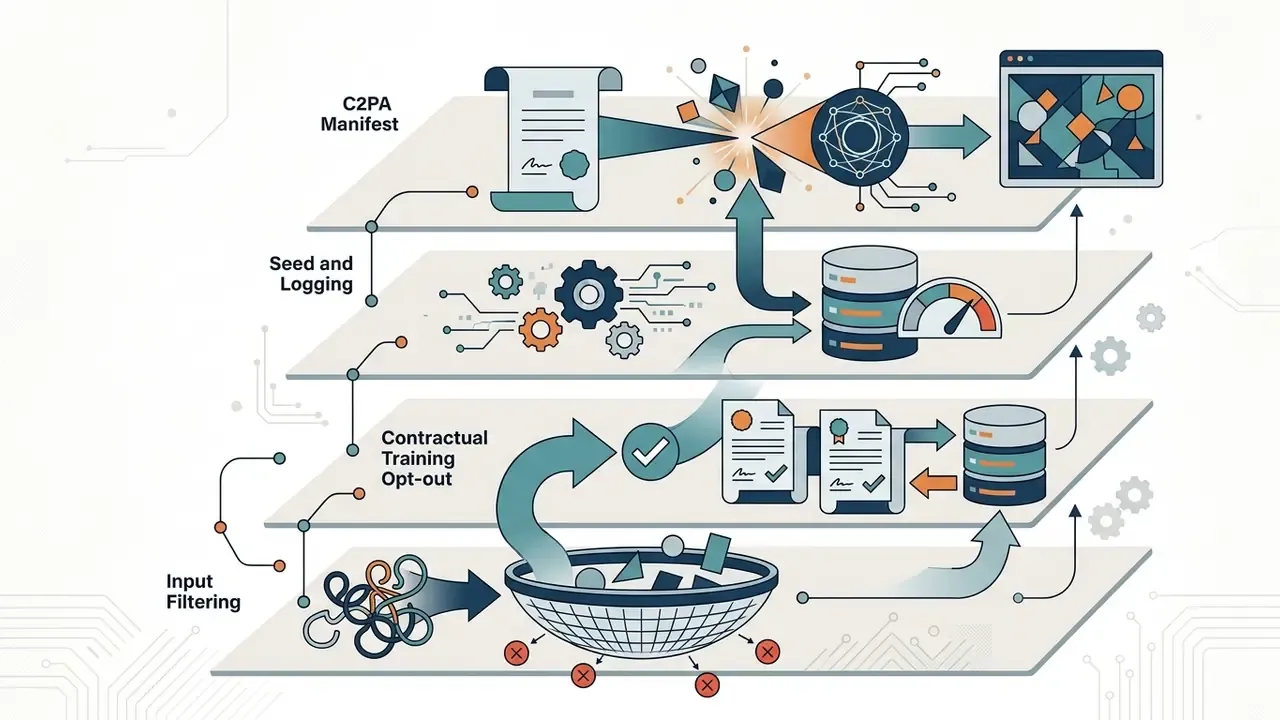 Four layered levels showing data governance processes from input filtering to C2PA manifest generation