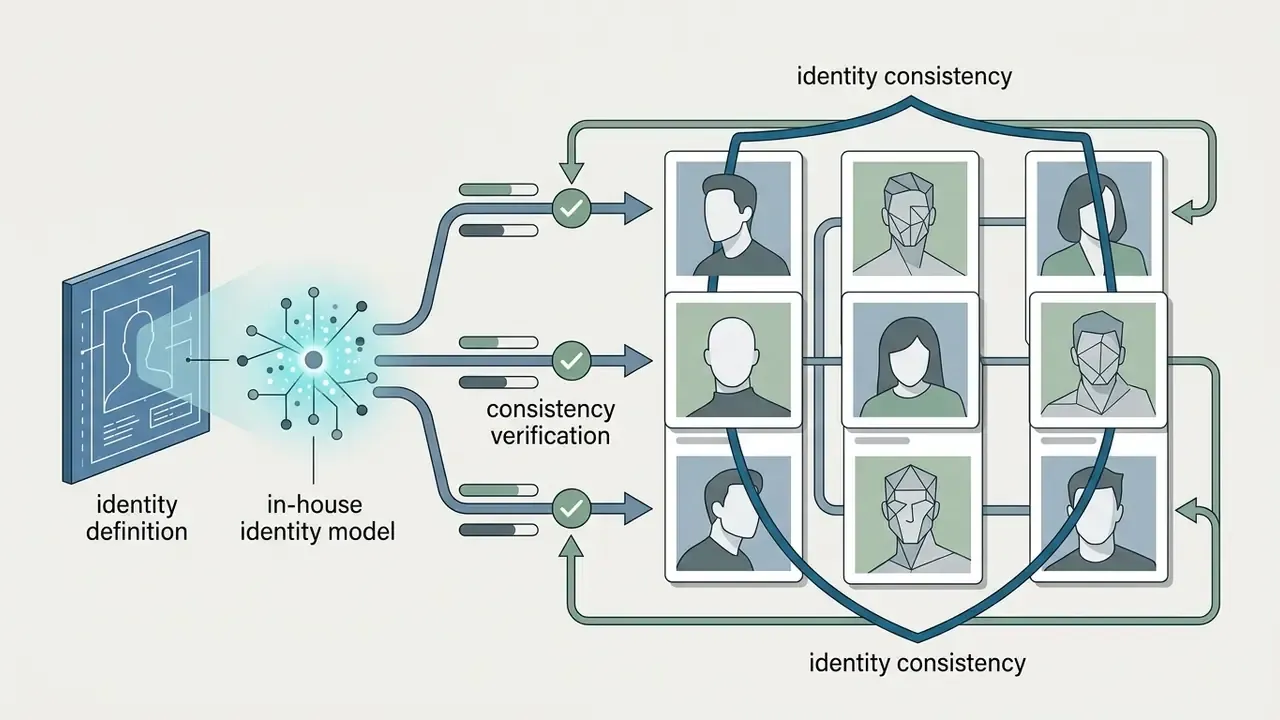 In-house identity model processing input into a grid of portraits with consistency verification