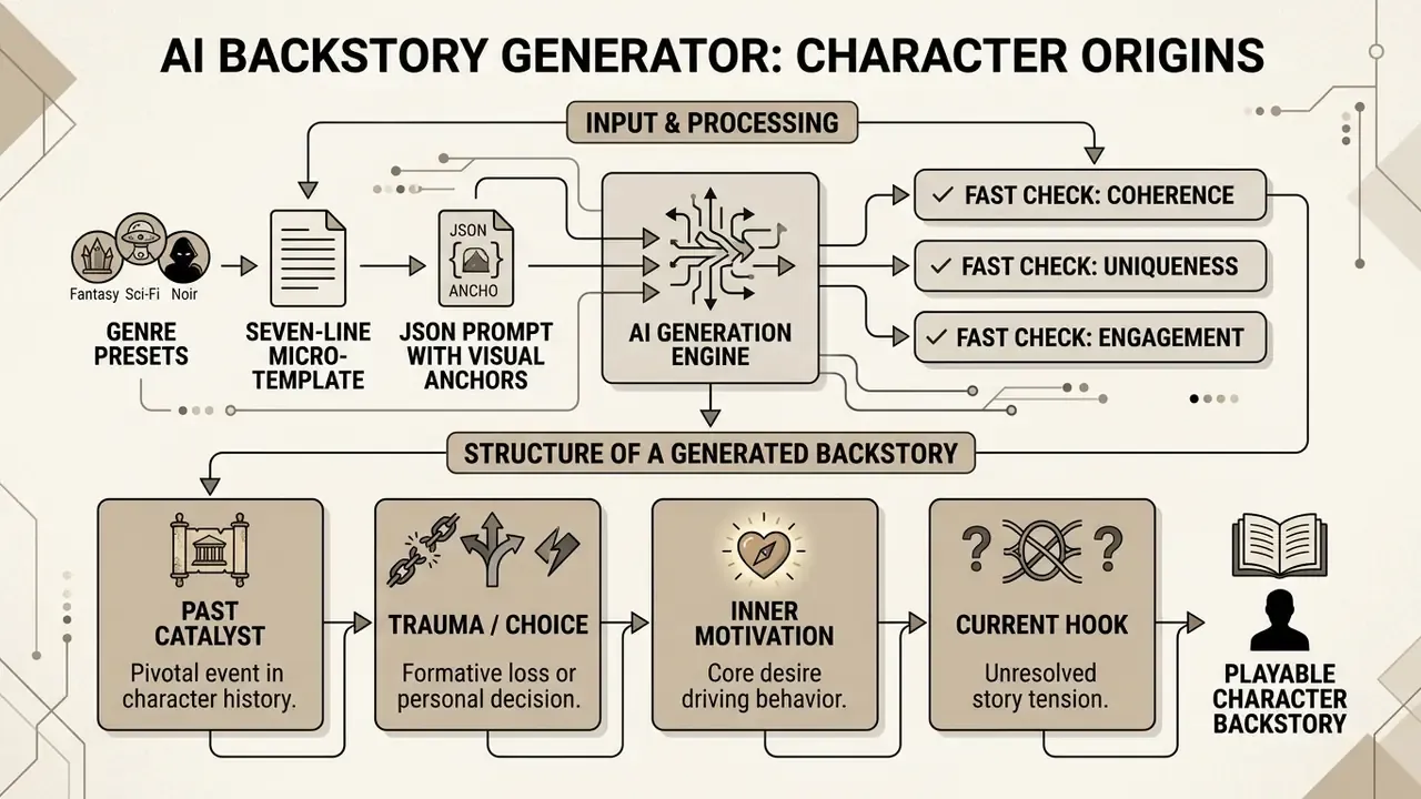 Flowchart showing how an AI backstory generator processes genre inputs into a structured character narrative