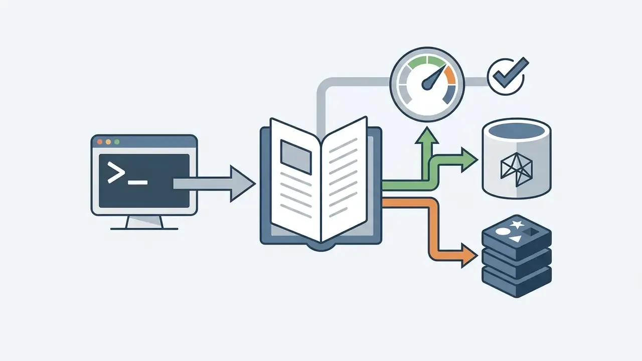 Command line interface feeding into a manual that routes to a performance gauge and two database icons
