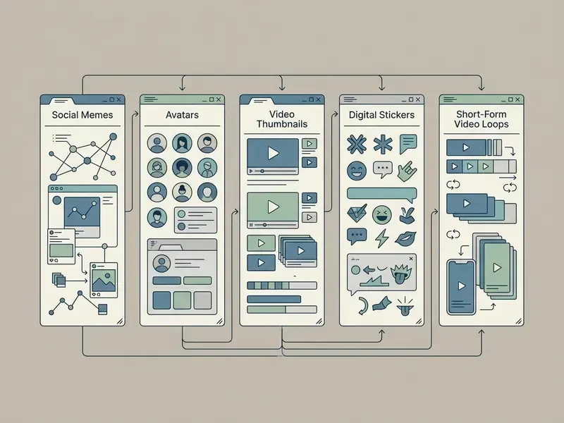 Schematic diagram mapping visual assets to social memes, avatars, video thumbnails, stickers, and loops