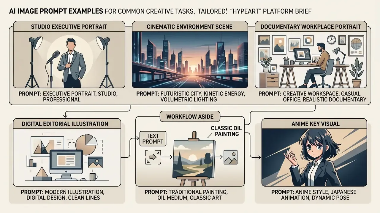 Collection of AI image prompt examples showing diverse creative styles and professional use cases