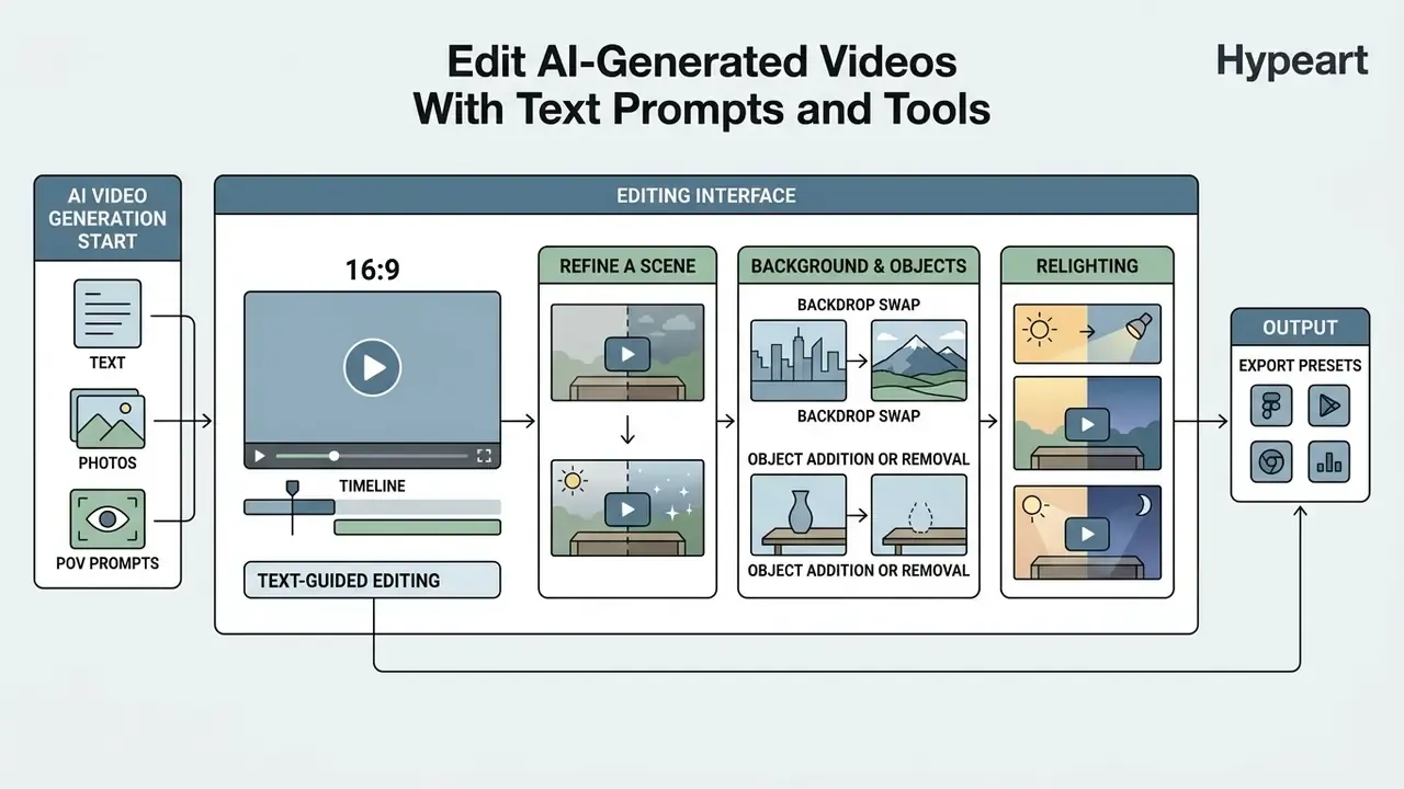 Infographic showing text-guided video editing steps including scene refinement, backdrop swaps, and relighting
