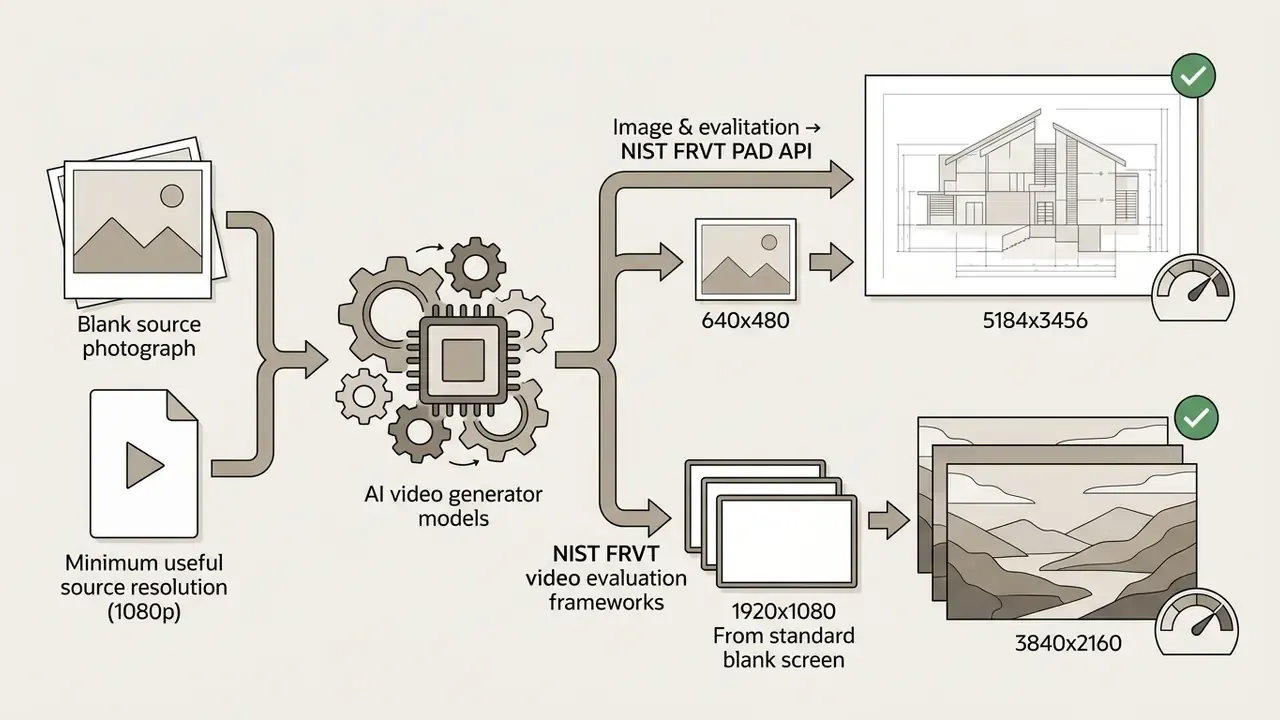 Process flow showing input media feeding into AI models for evaluation at various resolution benchmarks