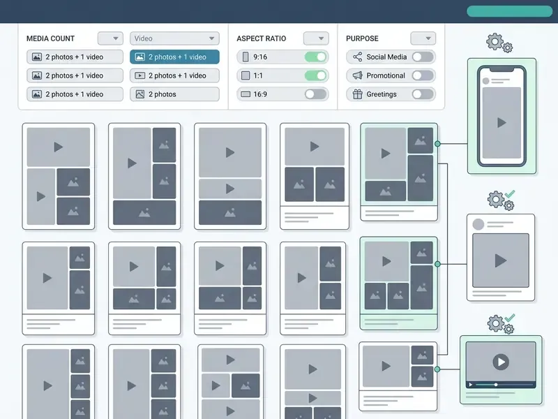 Interactive grid of layout options filtered by media count, aspect ratio, and project purpose
