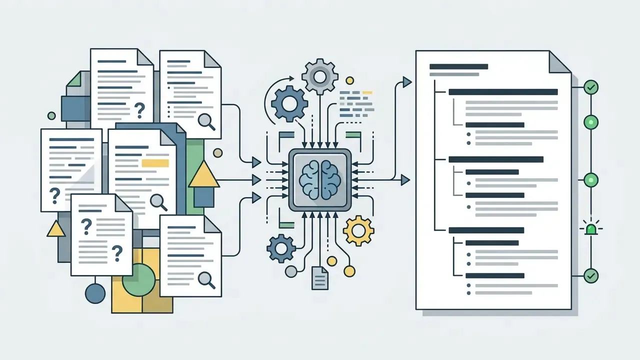 Multiple documents feeding into a central brain processor to create a structured outline hierarchy