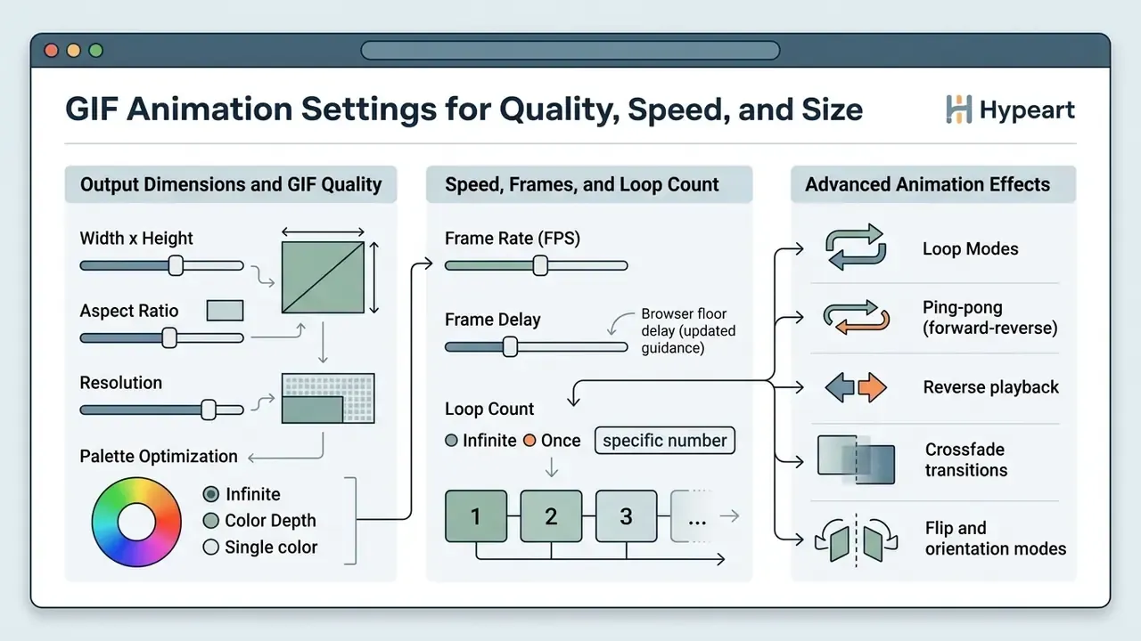 Summary chart detailing configuration options for resolution, frame timing, and advanced loop effects